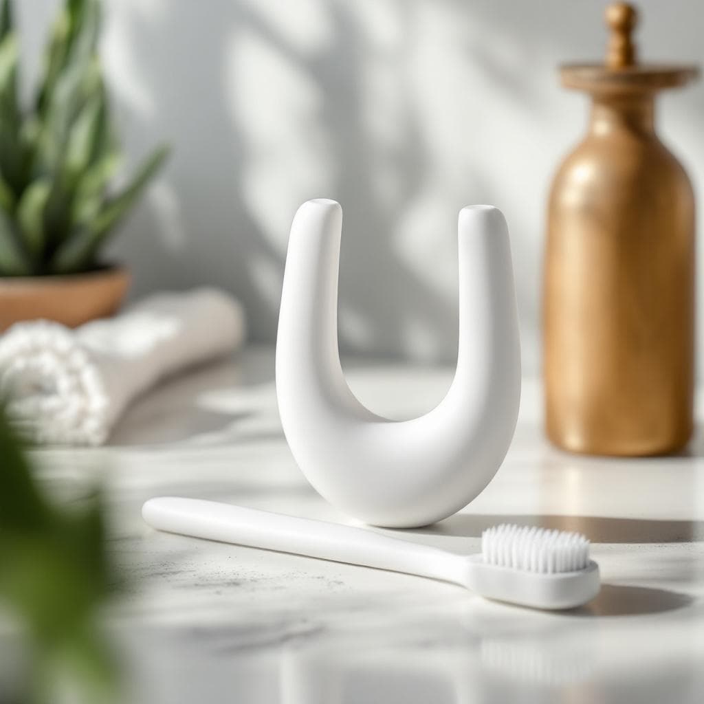 AI generated: A high-resolution, close-up product photo of a modern U-shaped toothbrush designed for adults. The t...
