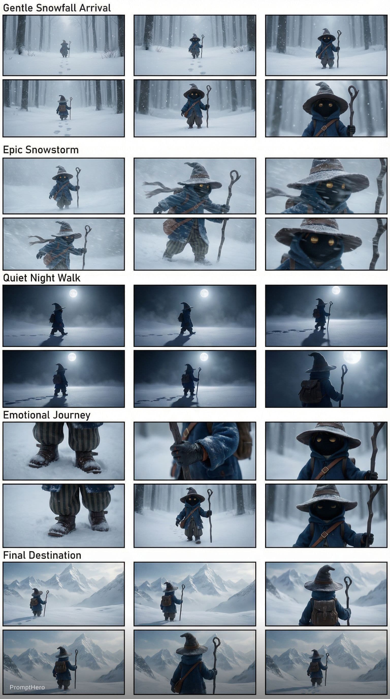 AI generated: 5 different 3x3 grid multi frame cinematic storyboard sheets of the exact same small hooded forest w...