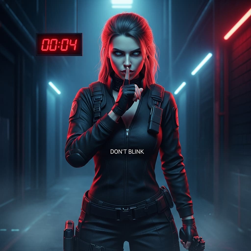 AI generated: A cinematic digital portrait of a stunning, fierce female warrior in a tactical black outfit, standi...