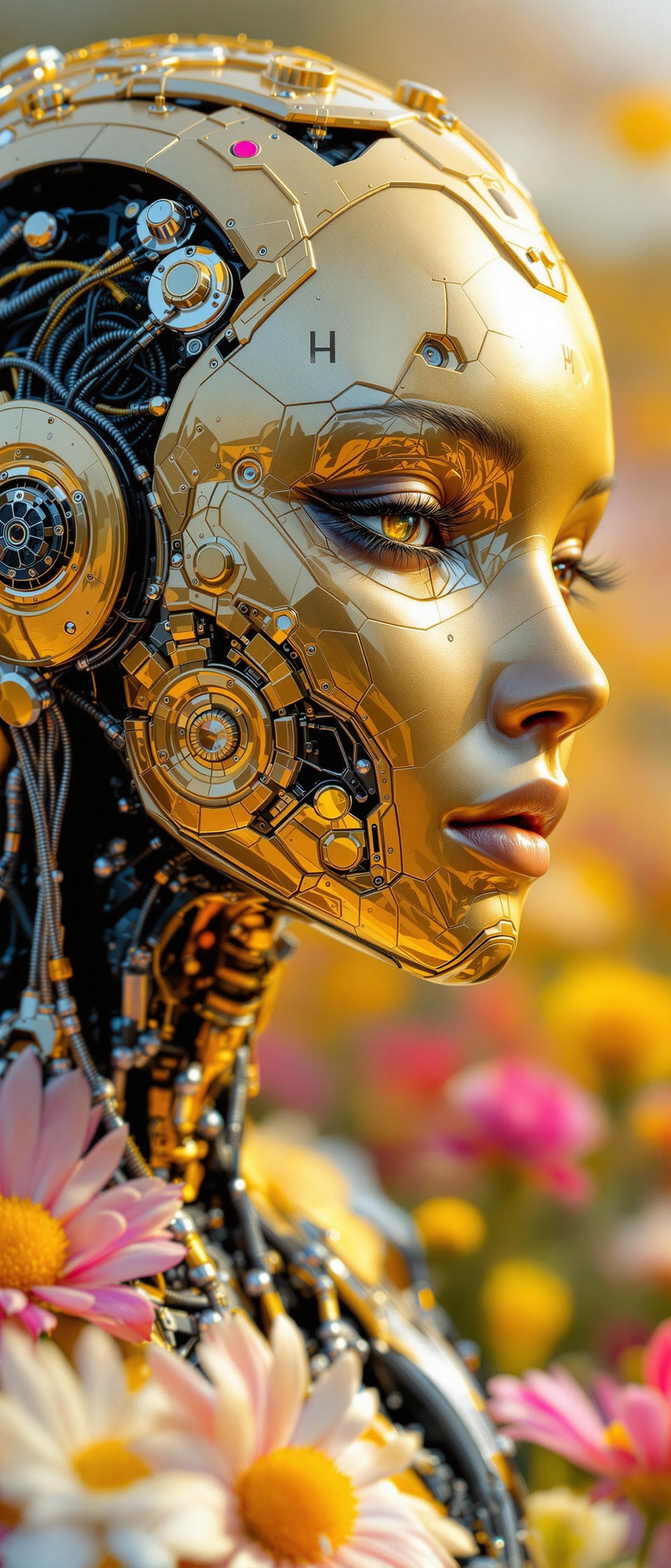 AI generated: complex 3d render ultra detailed of a beautiful metal Honeybee android face and body, seen standing ...