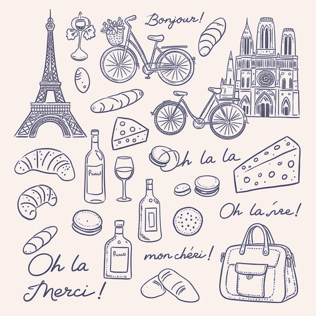 AI generated: A whimsical line art digital illustration celebrating Paris in a playful and romantic style. The com...