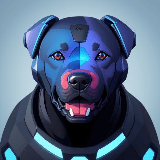 AI generated: A stylized robo-themed drawing of a Labrador dog head, seen from the front, with a blue gradient eff...