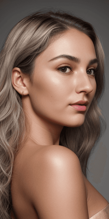 AI generated:  ((dark black background)) ((face side lit with golden light lamp)) ((Eyes: grey, almond-shaped
Nose...