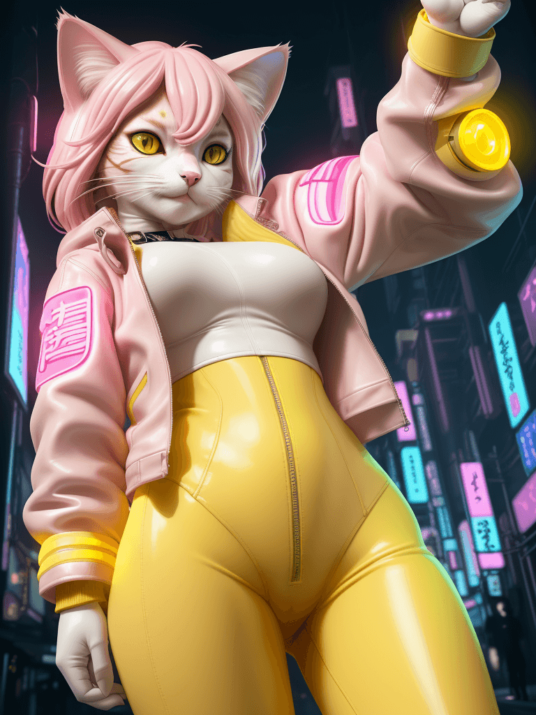 AI generated: An anthropomorphic Nami cat girl, cat nose pink outline, in neo-Tokyo, cyberpunk yellow leather jack...