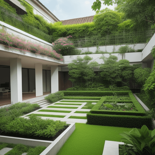 AI generated: A  house with ample space and a beaty garden.   The rooftop garden is lush and filled with greenery,...