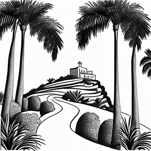AI generated: A simple pretty line outline graphic to be used on a wedding invitation picturing a Mallorcan villa ...