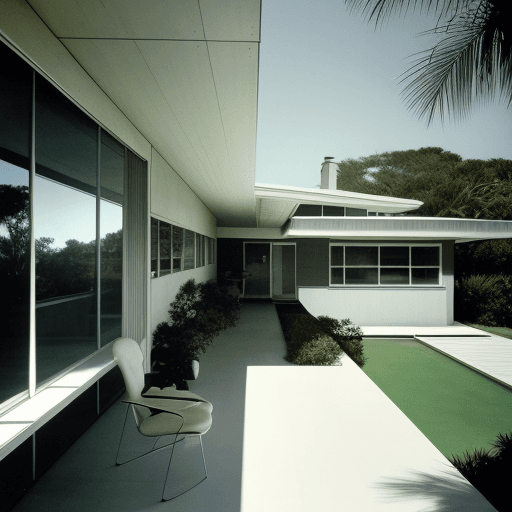 AI generated: Hyper realistic eye level exterior photo of a mid century modern style house overlooking the ocean, ...