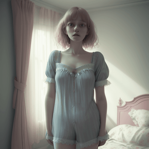 AI generated: a woman wearing a nightie and shorts standing in bedroom, in the style of Oleg Oprisco, video, Jocel...