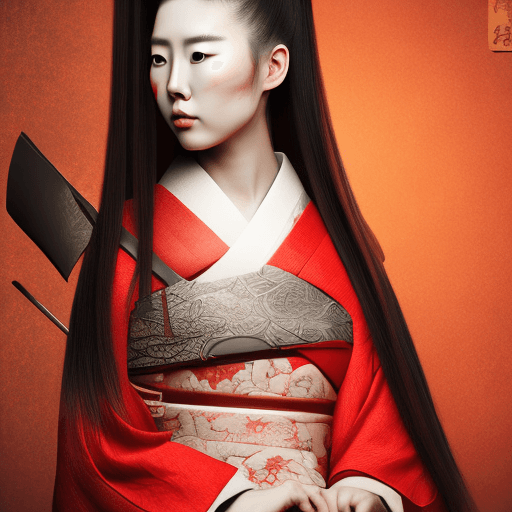 AI generated: A portrait of a female Samurai, long straight hair in a topknot, wearing traditional samurai clothin...