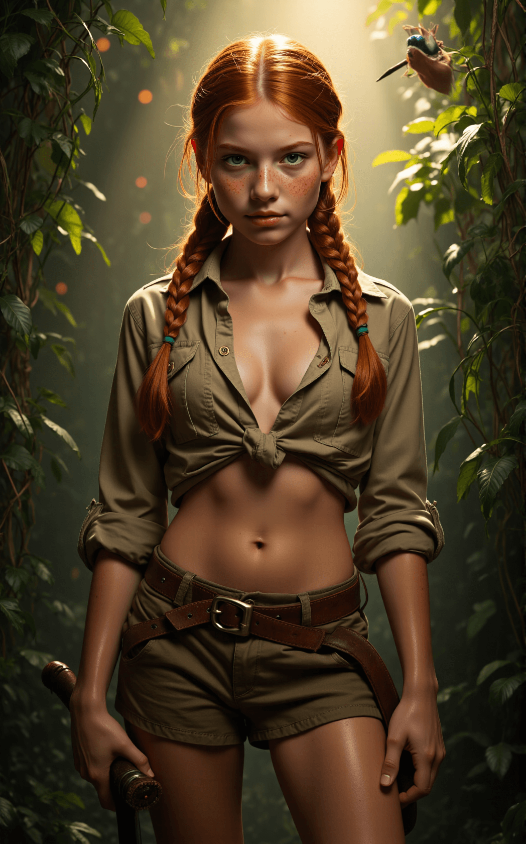 AI generated: A cinematic, candid jungle scene centers on a freckled red-haired young female with a recognizable a...