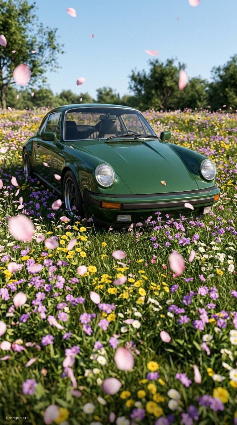 AI generated: extremely low shot of a forest green porche 911 in a field of flowers, add sakura petals in the fore...