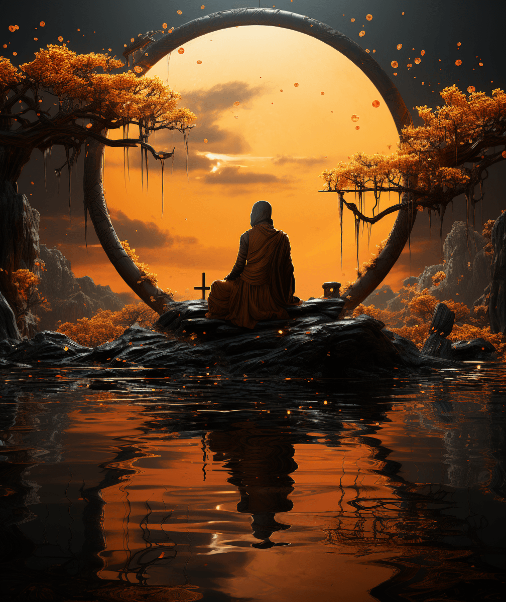 AI generated: beautiful golden image of buddha sitting in water with bright full moon hanging in the sky, in the s...