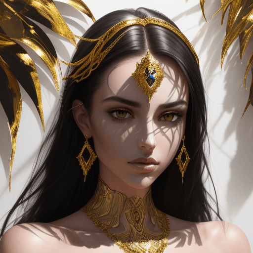 AI generated: high contrast portrait of a model with shadow in her face, with a totally white background, gold oil...