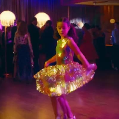 AI generated video: beautiful girl in a disco dress is dancing one the dancing floor