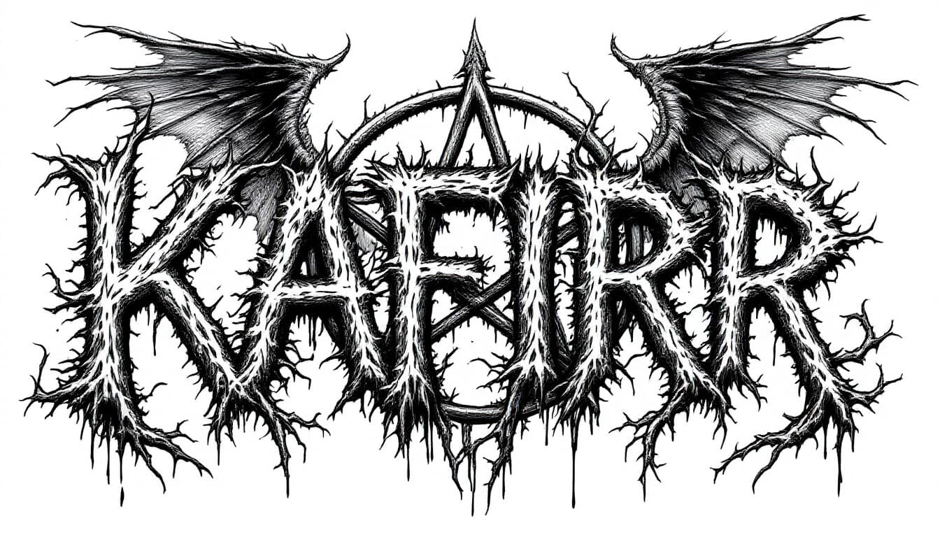 AI generated: A highly detailed, black-and-white, inked logo for the band "KAFIRR" in a brutal death metal style. ...