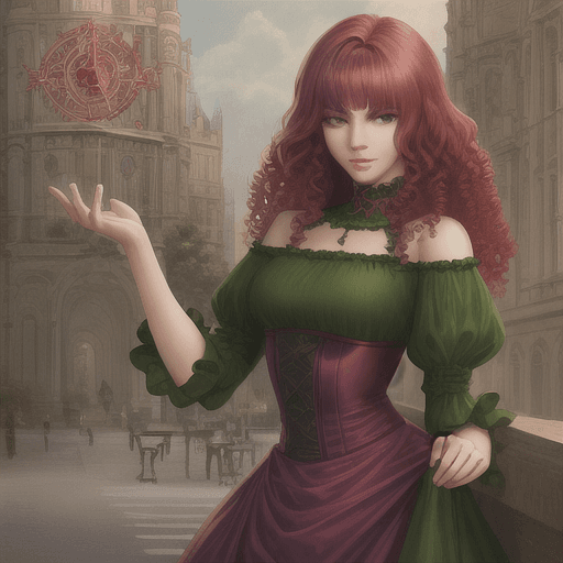 AI generated: red hair, purple eyes, curly hair, girl, european face, green dress, realistic art