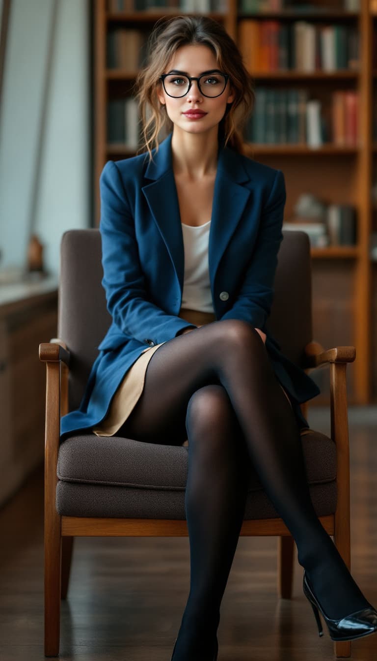 AI generated: female,   full body shot of a beautiful Caucasian professor, in a blue jacket and khaki miniskirt, b...