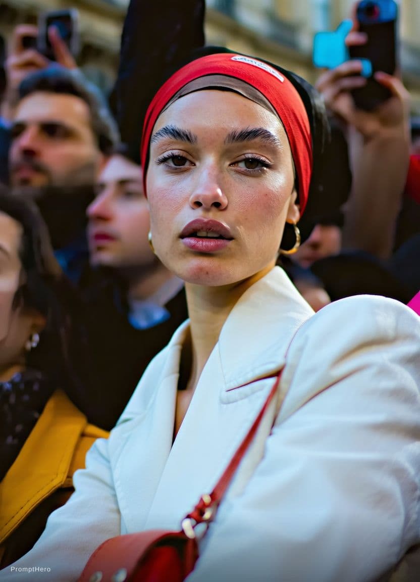 AI generated: Paparazzi-style extreme close-up photo of a woman with striking facial features, caught off-guard wh...