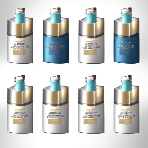 AI generated: A metallic silver to white gradation background. On the forefront are 5 white Pantene shampoo bottle...