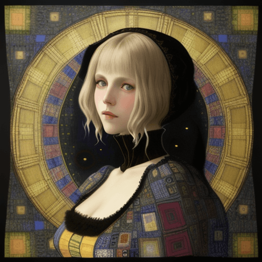 AI generated: Epic, supernatural patchwork Art by Klimt, Jennifer lommers,n the style of Edward Gorey Mondrian, va...