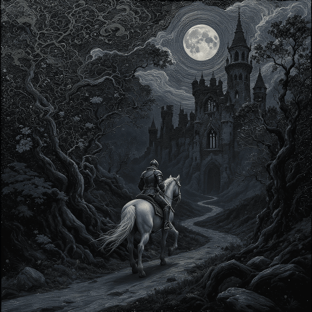 AI generated: A white horse carries a knight in worn black armor returning to a ruined gothic castle under a lumin...