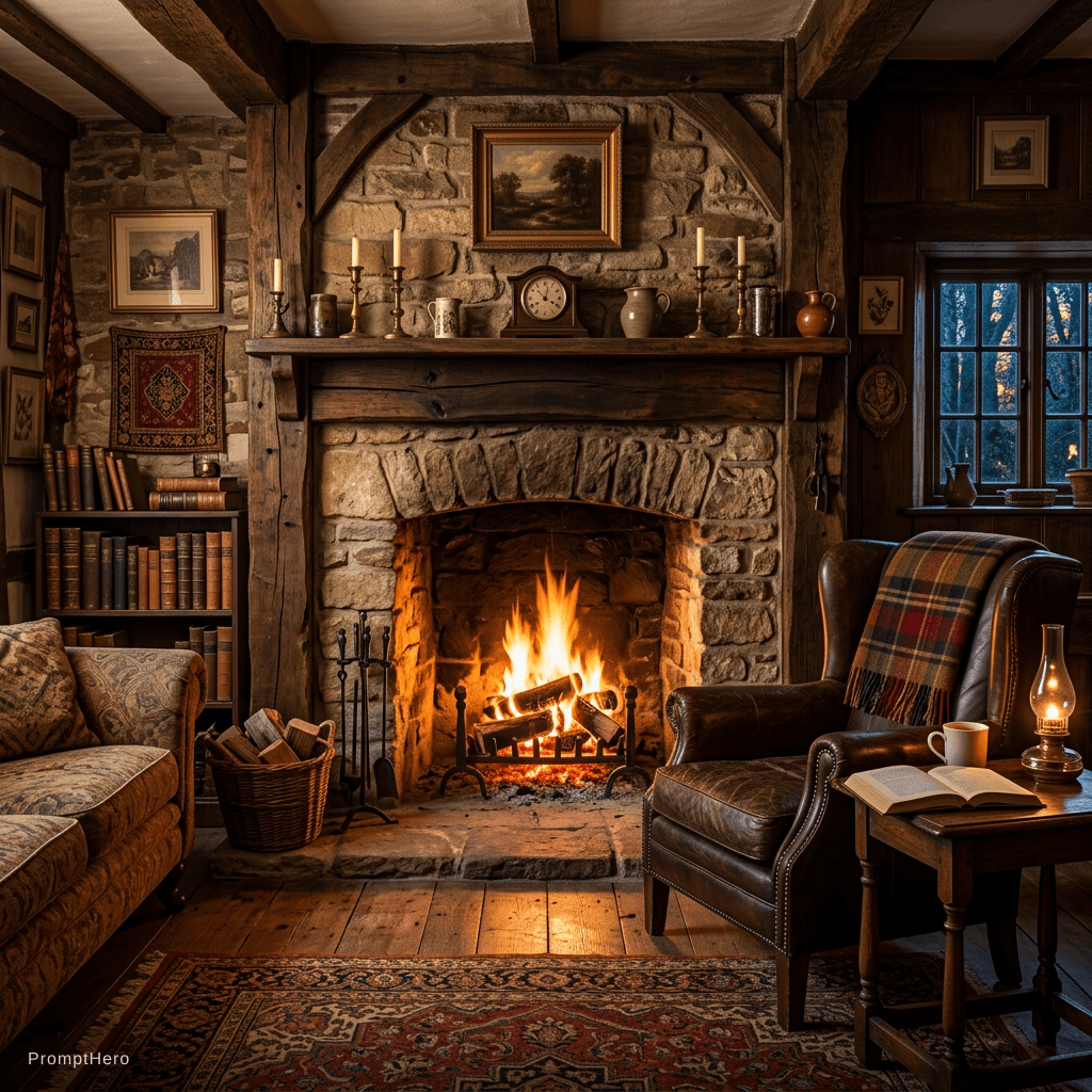 AI generated: Cozy room , fireplace, old style