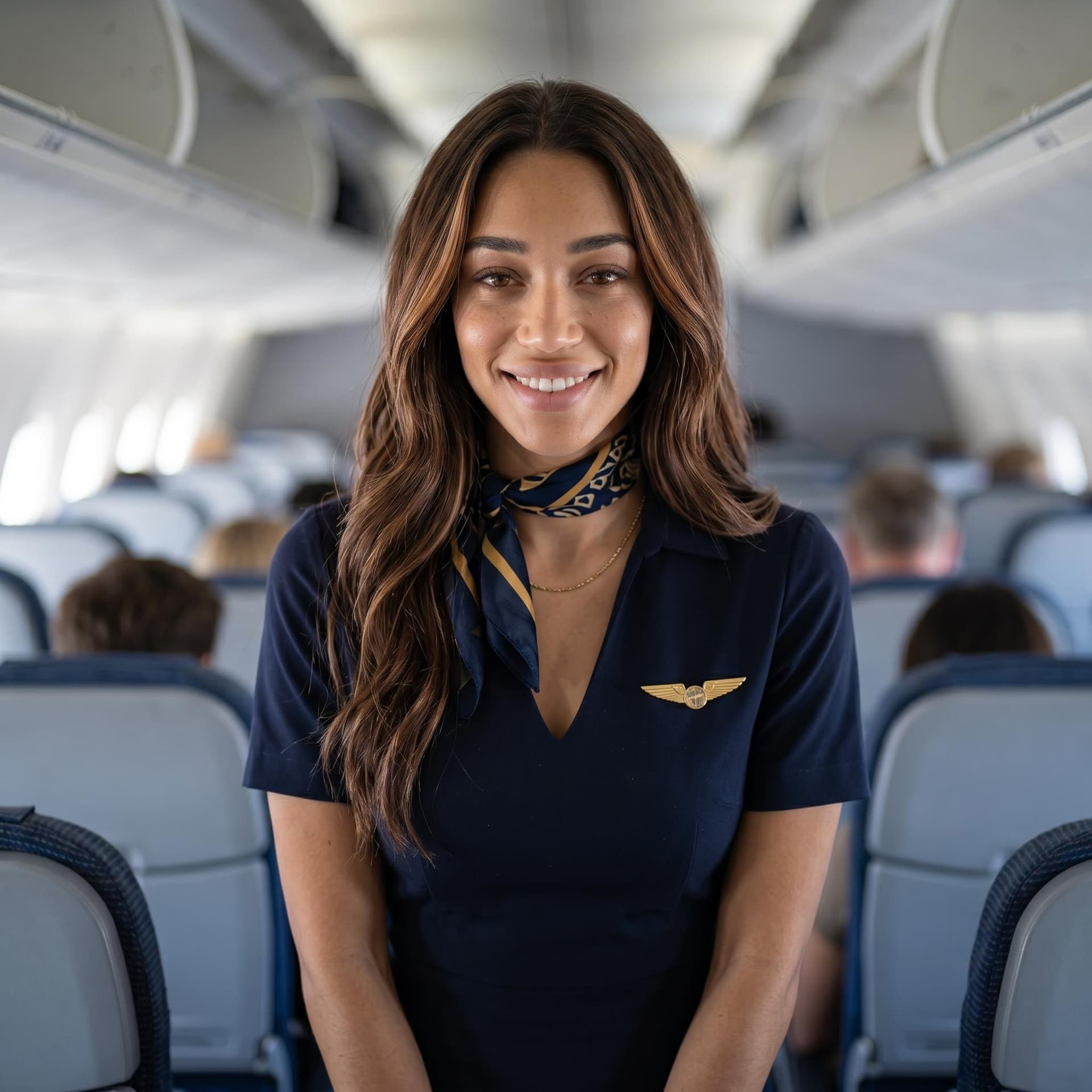 AI generated: Photorealistic portrait of a young Mediterranean-Latin woman, 26 years old, flight attendant, standi...