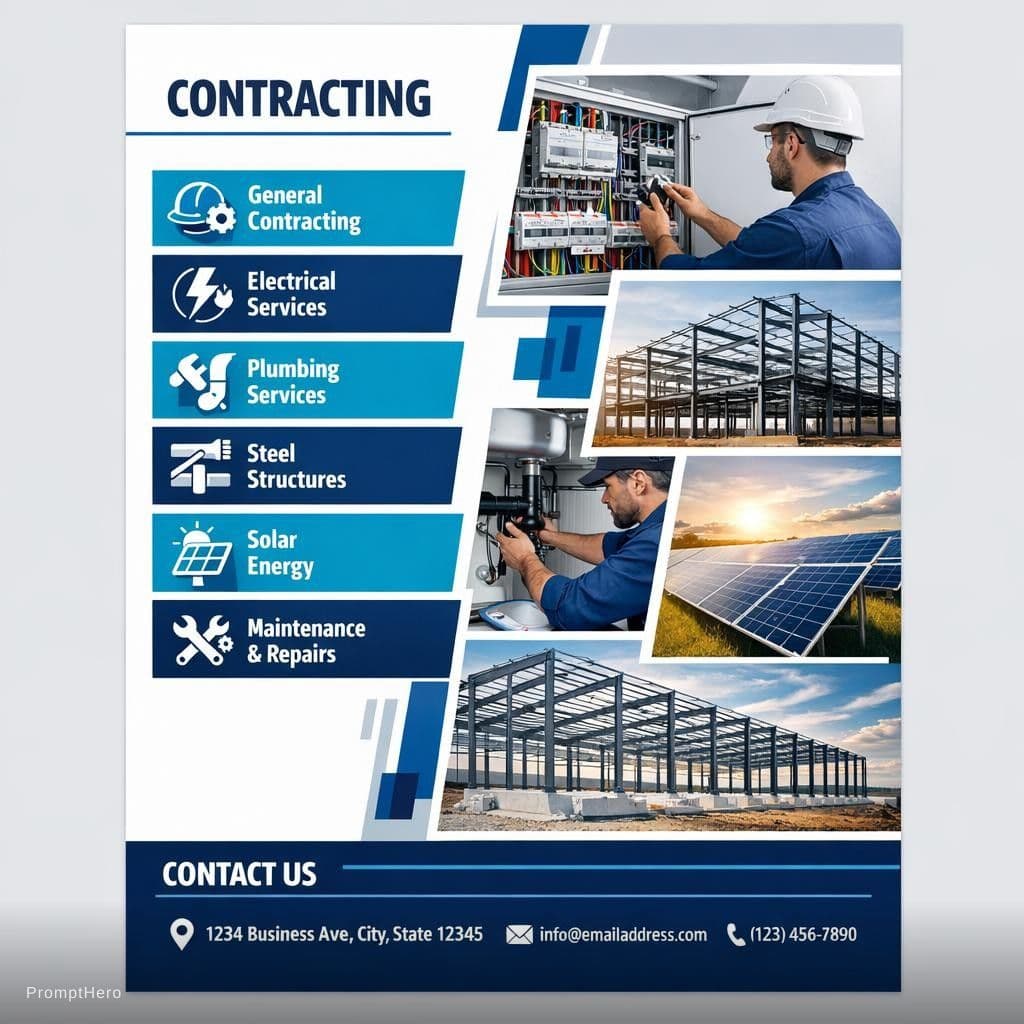 AI generated: 
​Prompt: Modern corporate brochure page, infographic style, A4 size. Theme: Contracting, Electrical...