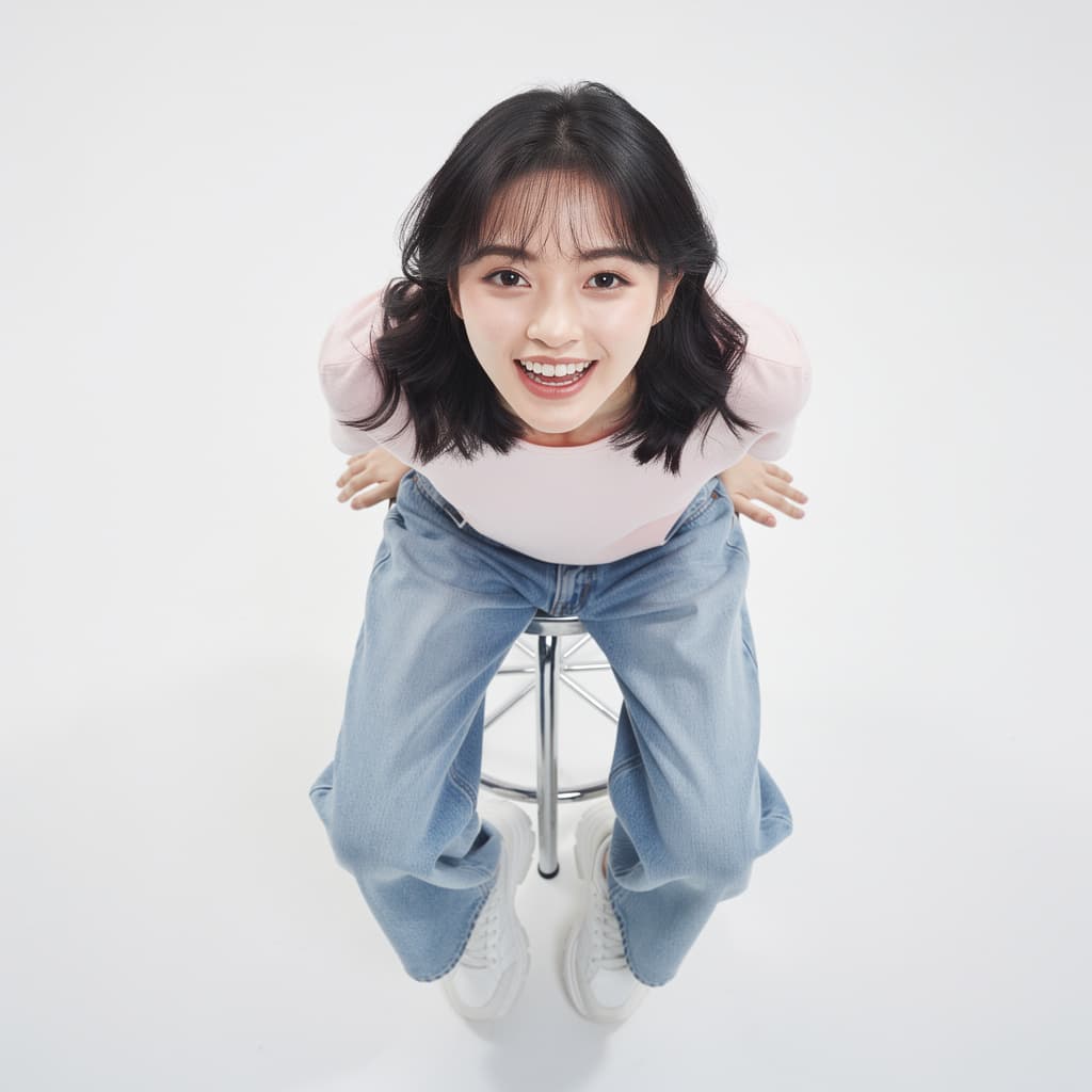 AI generated: A highly detailed, photorealistic, cinematic high-angle full-body studio shot of a cute and stylish ...