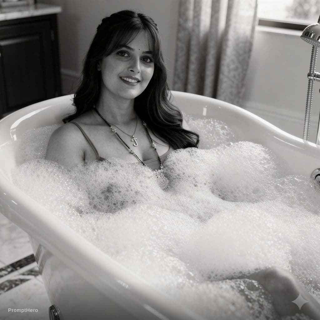 AI generated: black and white photograph of a woman reclining in a luxurious bathtub filled with rich,