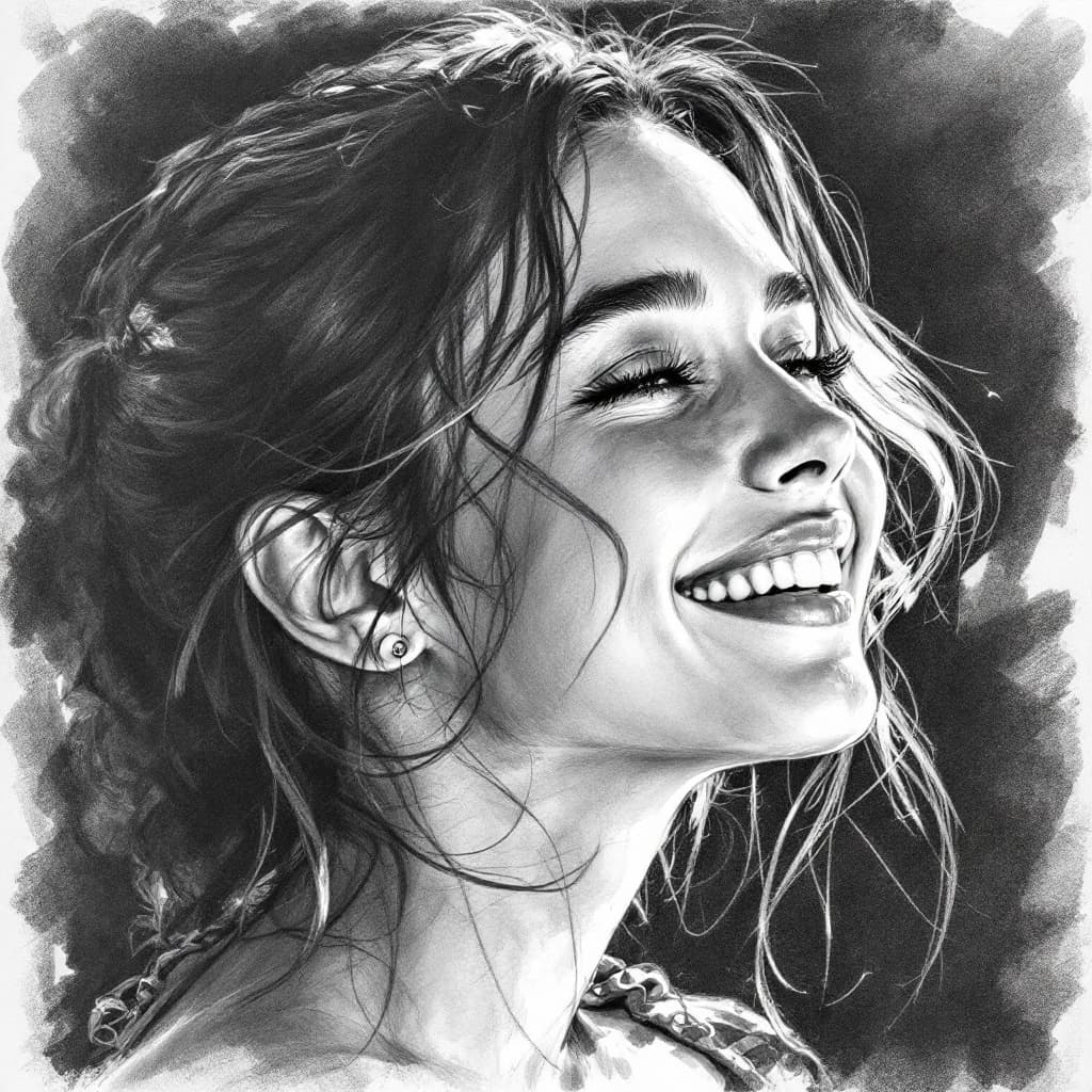 AI generated: Charcoal sketch of a happy girl in her 20s, calm, b&w, (Charcoal)