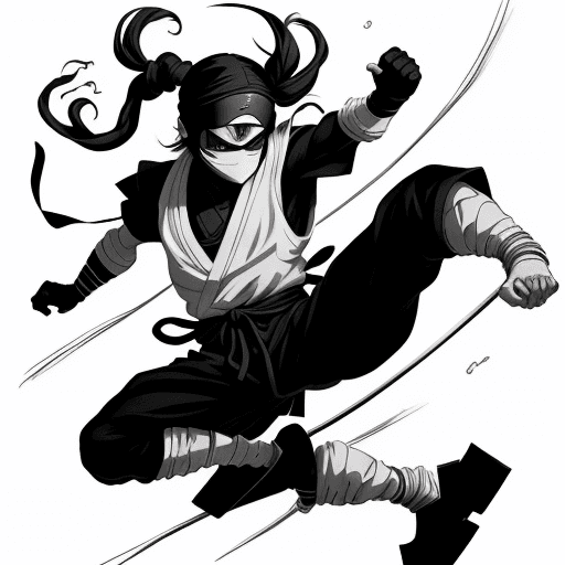 AI generated: no color, perfect anime illustration, portrait of a ninja guy jumping, {{{{{{black and white style}}...