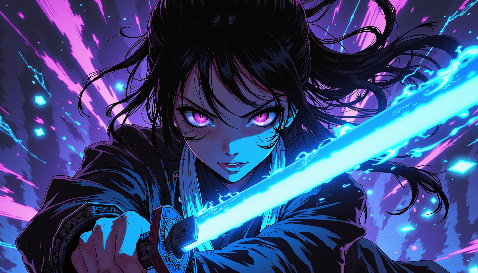 AI generated: A close-up shot captures the fierce intensity of a striking female sword wielder, her robotic arms g...