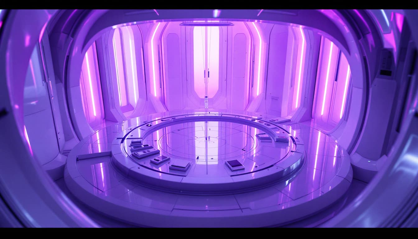 AI generated: Aerial Shot : The camera circles the floating white room, its sleek surface reflecting the purple li...
