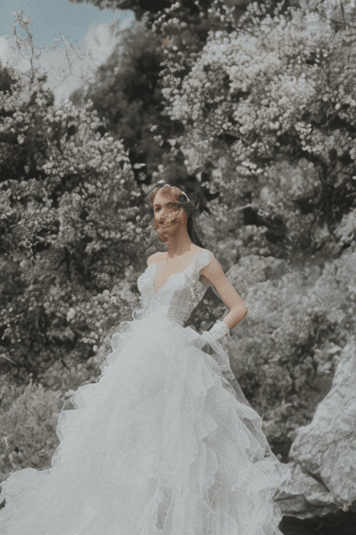 AI generated: copper long hair woman in a an elegant luxury dress designed by Dior, standing on the shore, film ph...