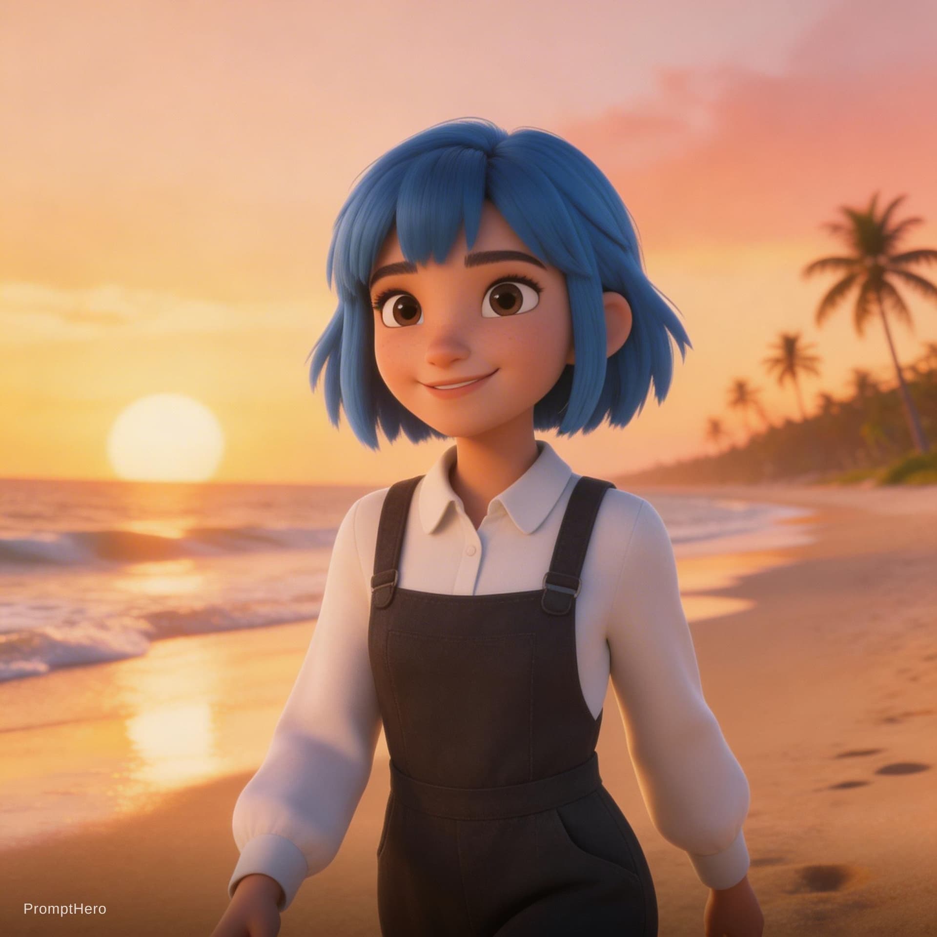 AI generated: Place the reference character walking along a tropical beach during sunset, gently smiling and looki...