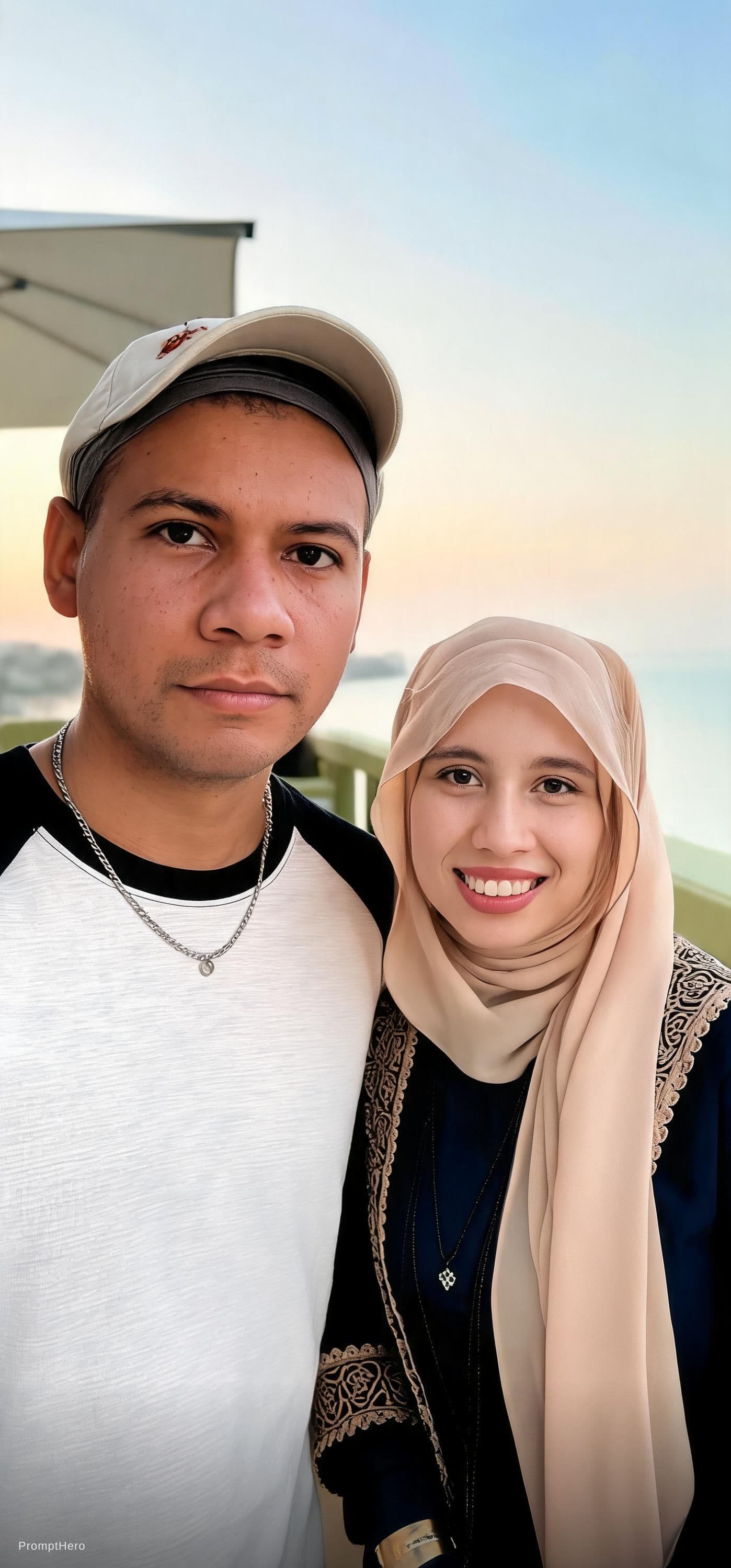 AI generated: Merge these two pics in one pic and make it pike we are dating and taking portrait shooting