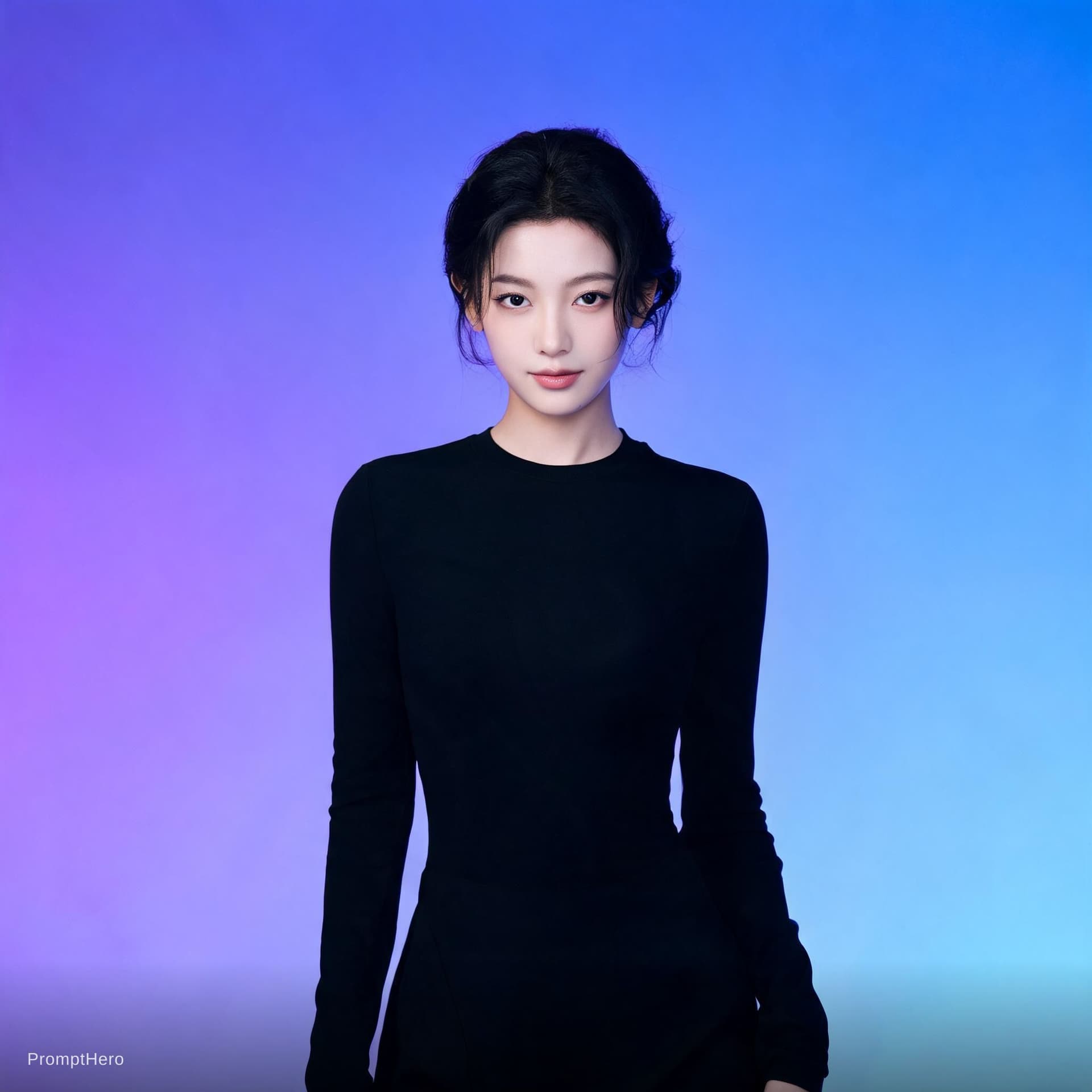 AI generated: Asian model, purple and blue background, black clothes --ar 9:16 --s 250
