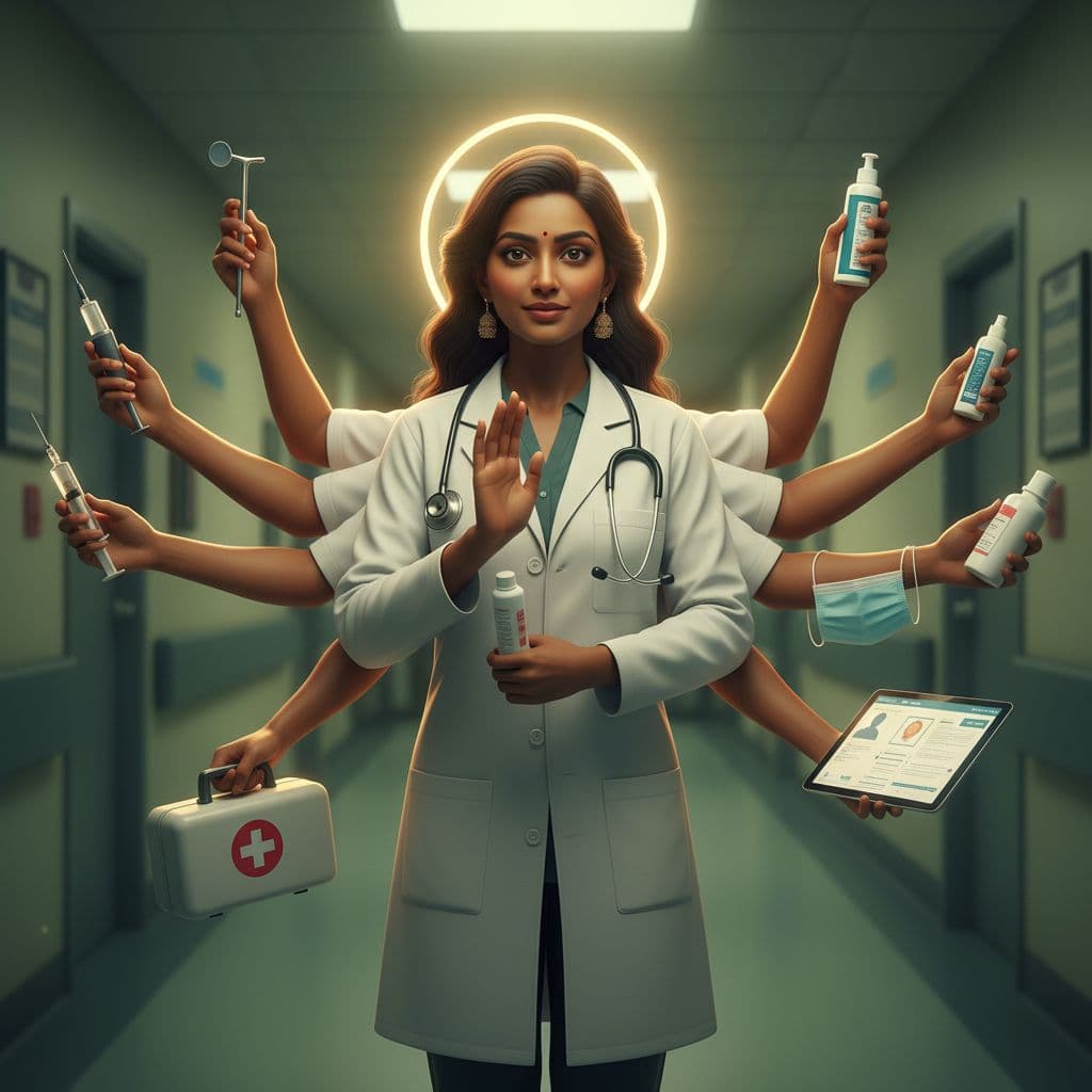 AI generated: Ultra HD, 8K, photorealistic 3D portrait of a fierce yet graceful 30-year-old Indian doctor, radiant...