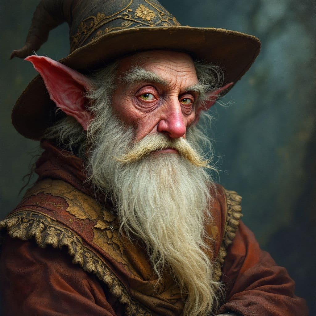 AI generated: A portrait of a folklore character, such as a sly trickster or a benevolent spirit. The style is rem...