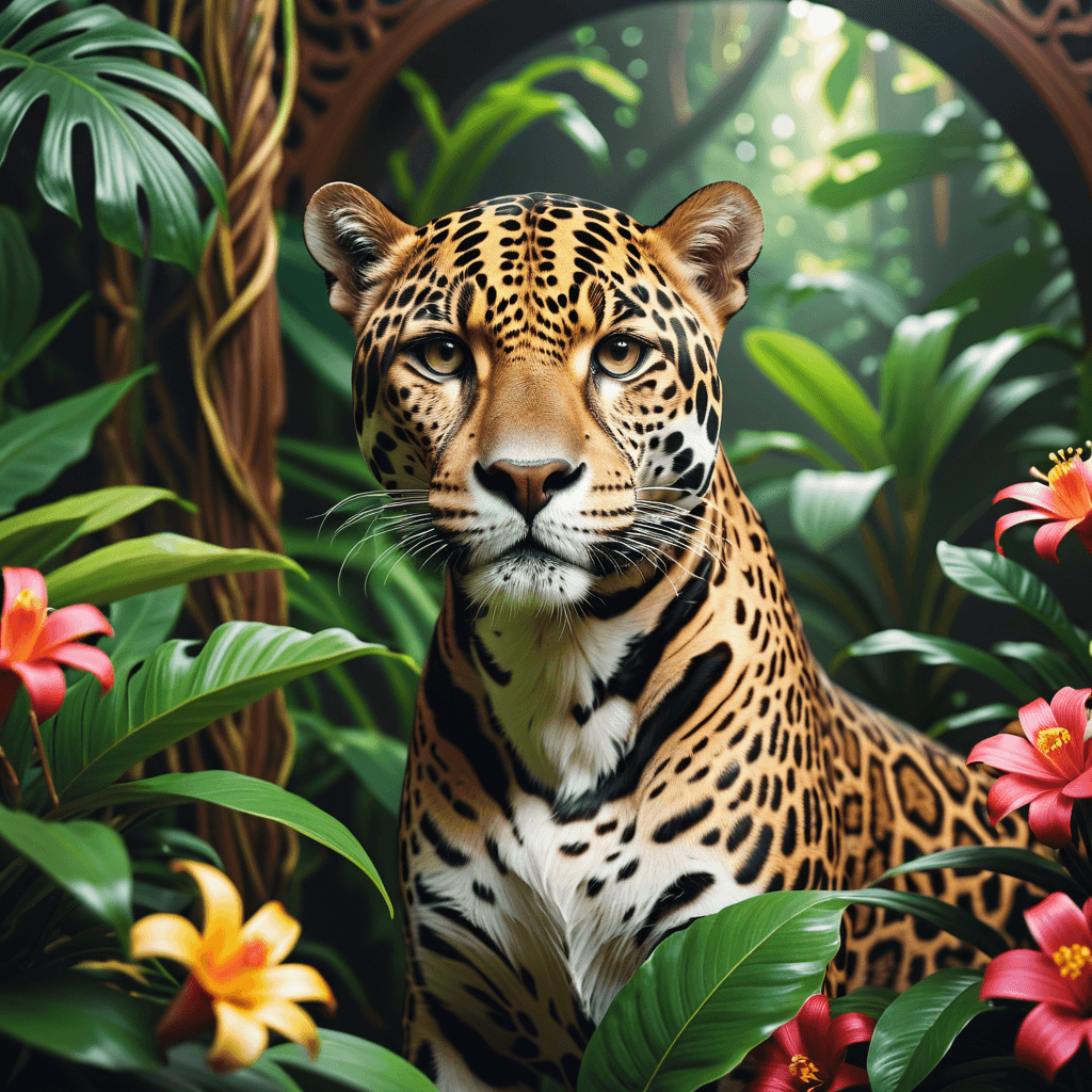 AI generated: Creates a stunning photorealistic visual representation of a beautiful jaguar, posing in the jungle ...