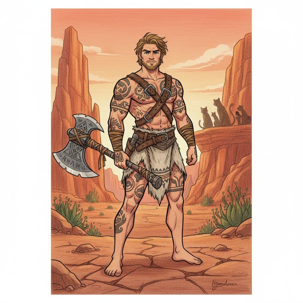 AI generated: Full body shot of young beautiful European male barbarian young man warrior, muscular, belts and loi...