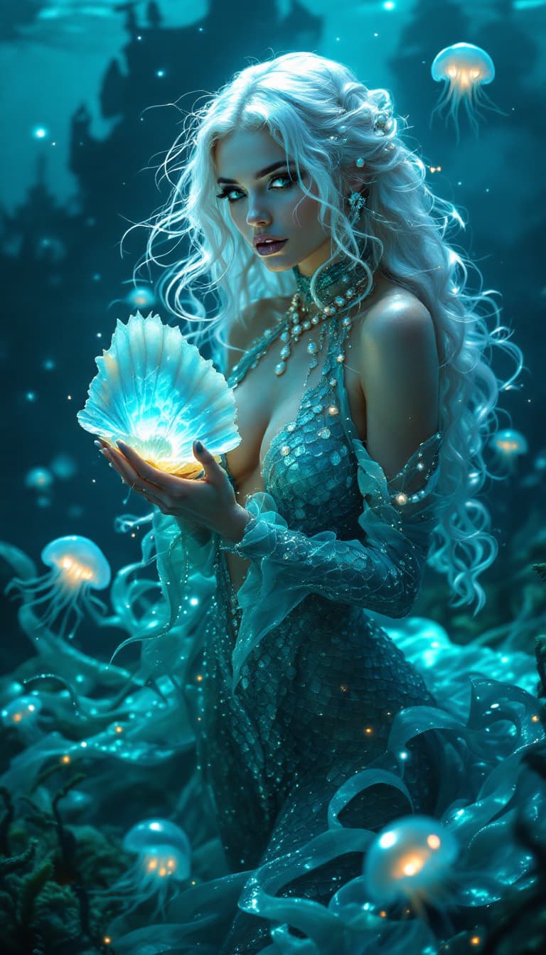 AI generated: An ultra-realistic, full-body static portrayal of a siren woman, exuding a hypnotic allure with a sh...