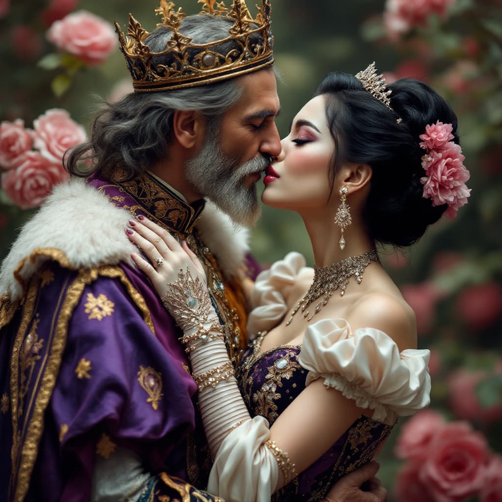 AI generated: a beautiful repulsed disgusted wicked asian Cinderella being passionately kissed by an old pompous s...