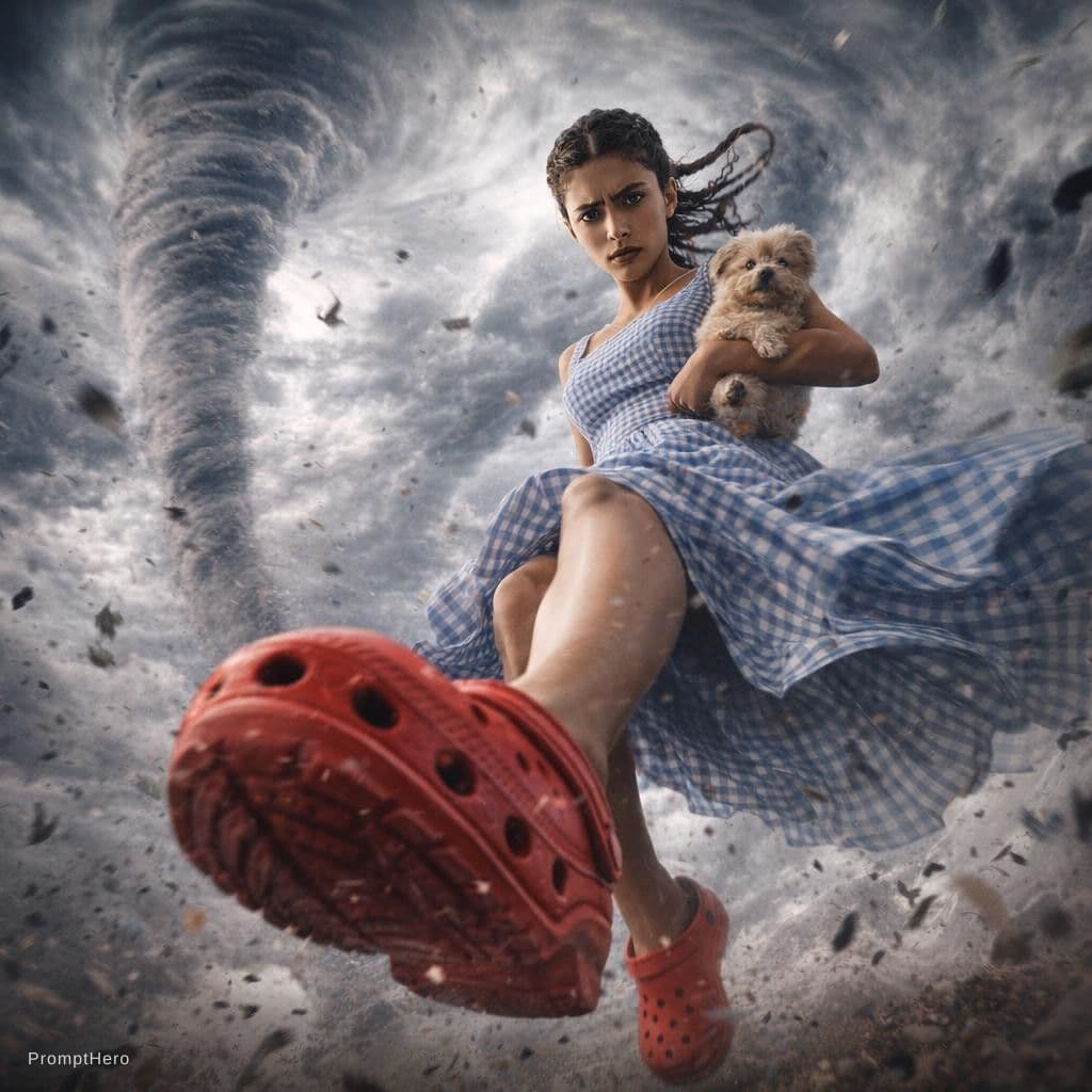 AI generated: {
  "scene": {
    "setting": "inside a swirling tornado",
    "mood": "dramatic and surreal",
 ...