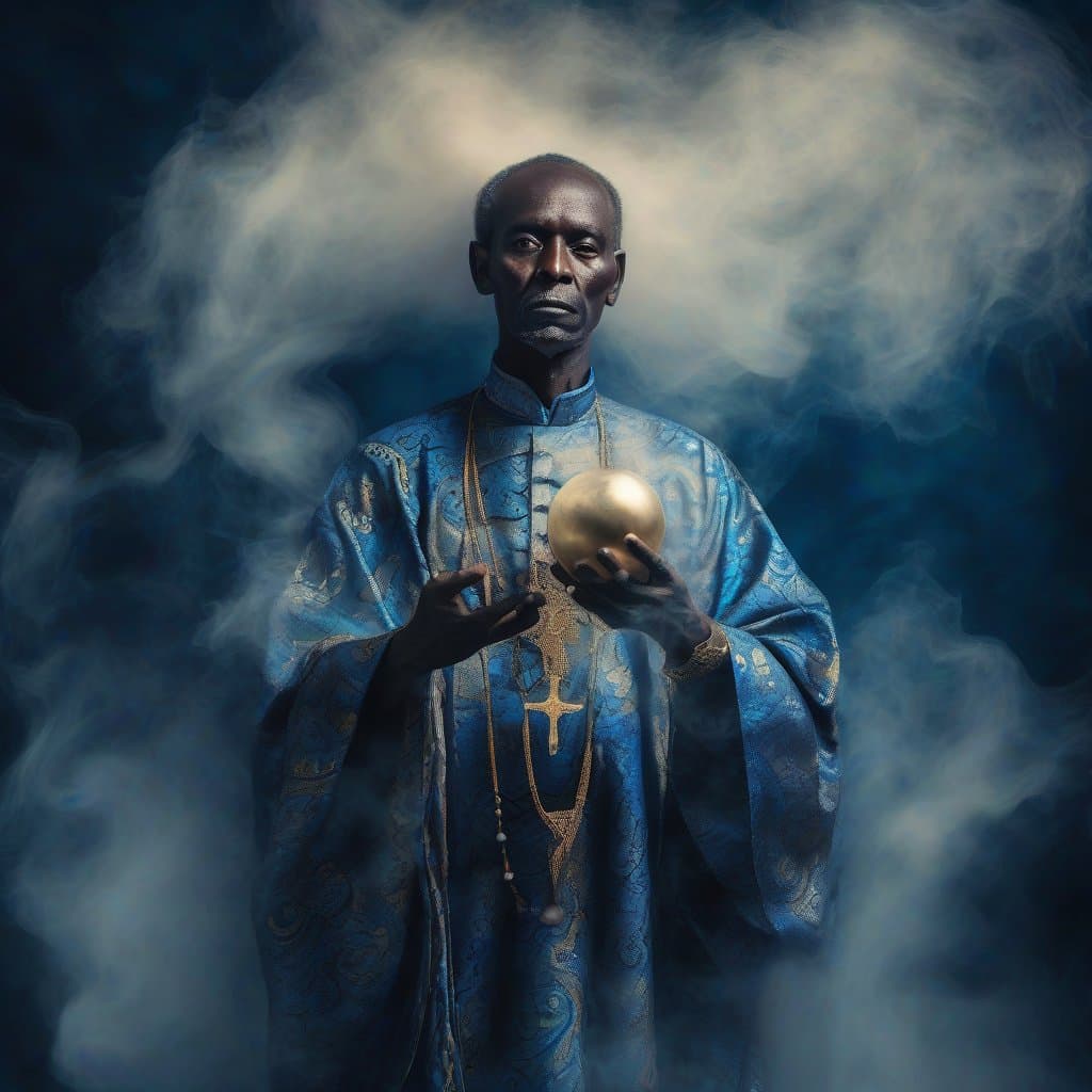 AI generated: wise master of the divine powers, a priest of a voodoo cult, immersive experience, throwing spells, ...