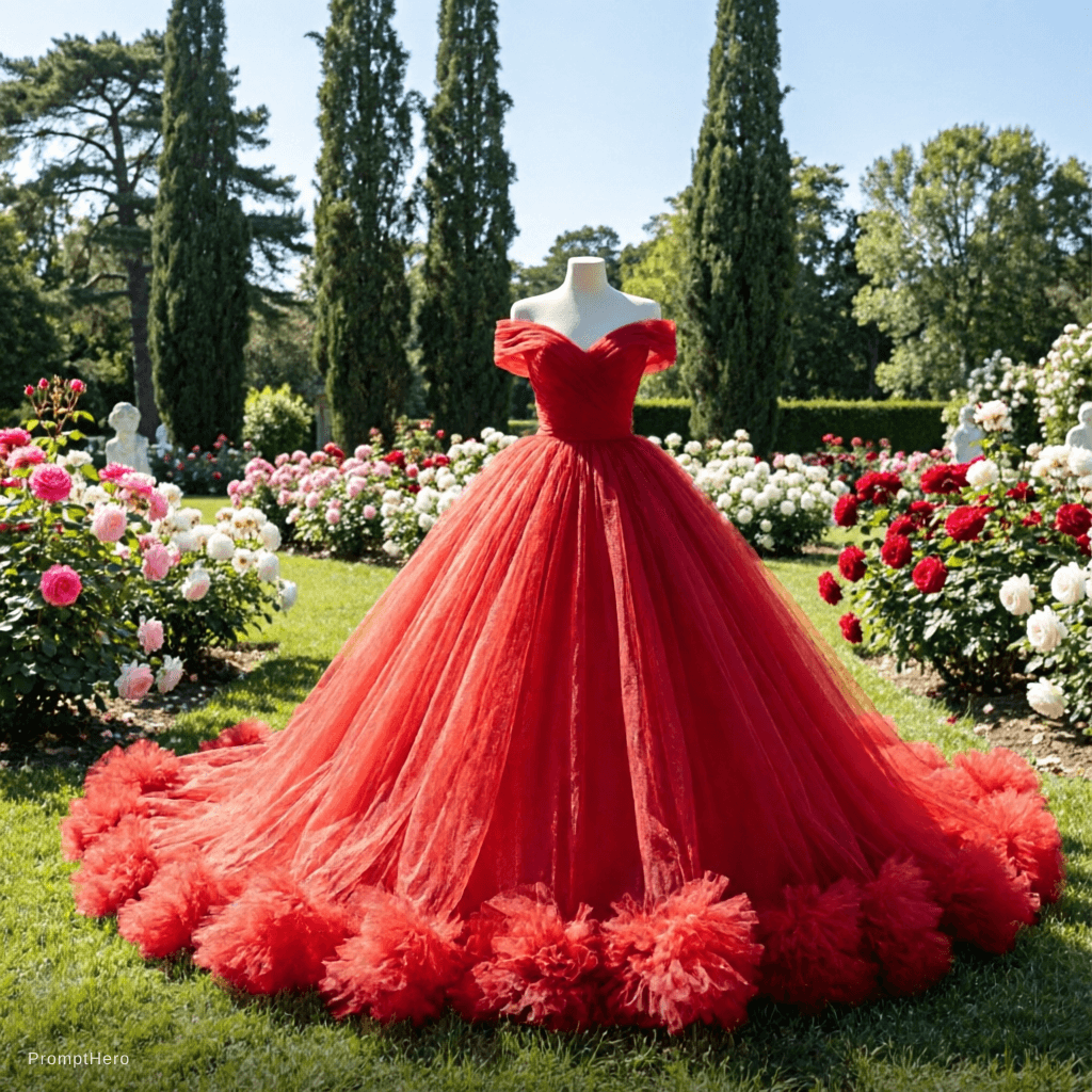 AI generated: Change the dress this girl by red dress and change the background by garden 