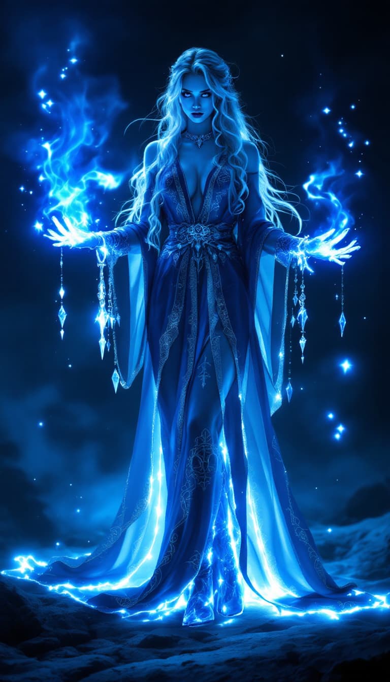 AI generated: A full body photo shot of an elegant and formidable image of a (rune weaver) wearing flowing, deep-b...