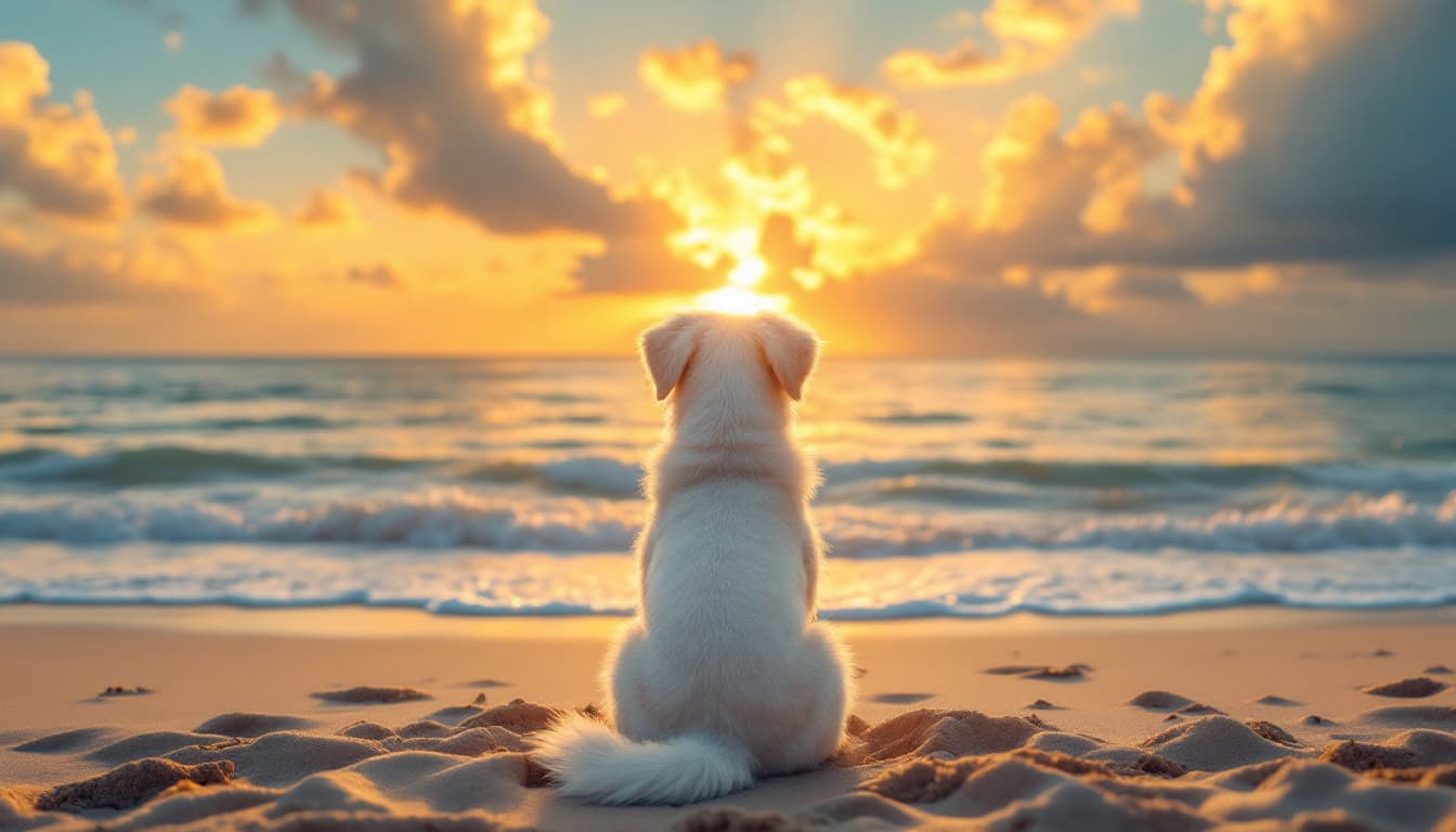 AI generated: A serene sunset on a beach, where golden rays illuminate the sky filled with soft, fluffy clouds. In...