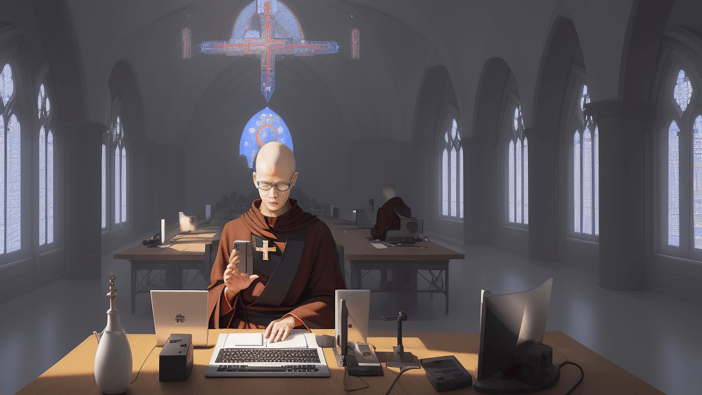 AI generated: a digital monastery in cyberspace where Christian monks are diligently programming and creating new ...